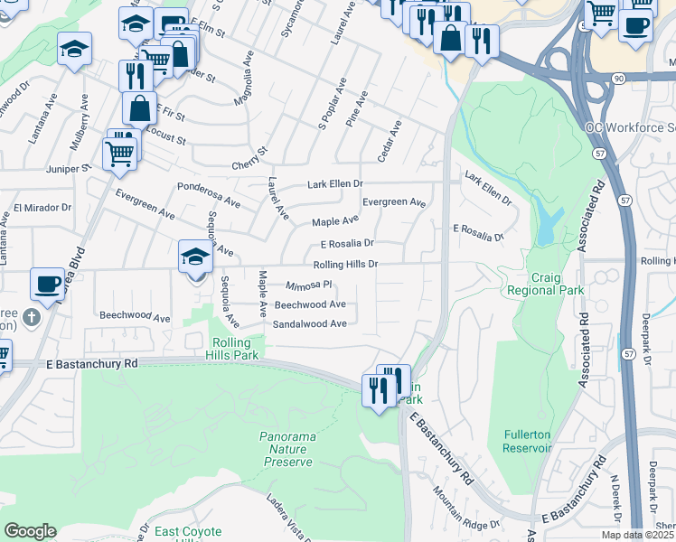 map of restaurants, bars, coffee shops, grocery stores, and more near 1800 Rolling Hills Drive in Fullerton