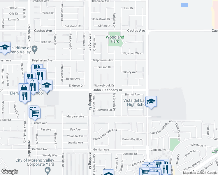map of restaurants, bars, coffee shops, grocery stores, and more near 25671 Stoneybrook Drive in Moreno Valley