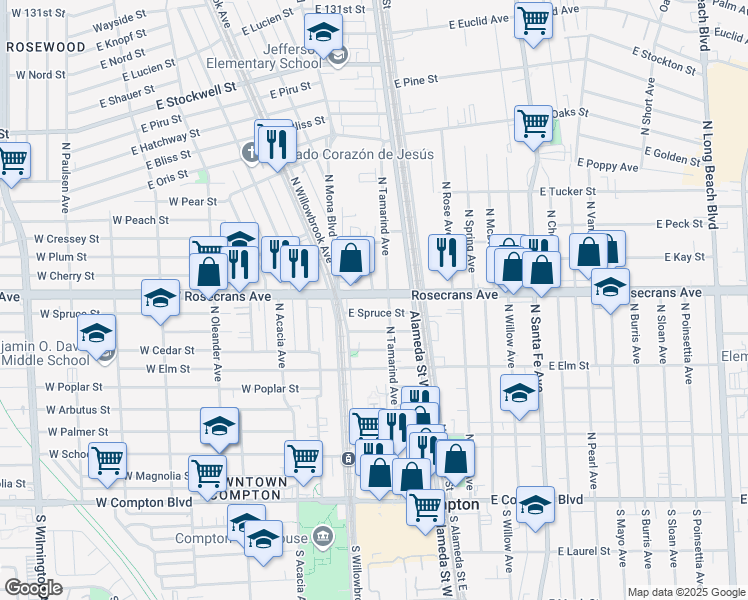 map of restaurants, bars, coffee shops, grocery stores, and more near 1004 North Tamarind Avenue in Compton