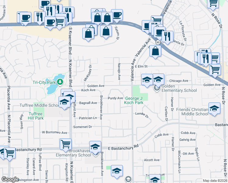 map of restaurants, bars, coffee shops, grocery stores, and more near 424 Kiolstad Drive in Placentia