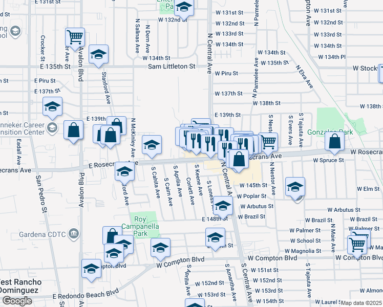 map of restaurants, bars, coffee shops, grocery stores, and more near 2215 Rosecrans Avenue in Compton