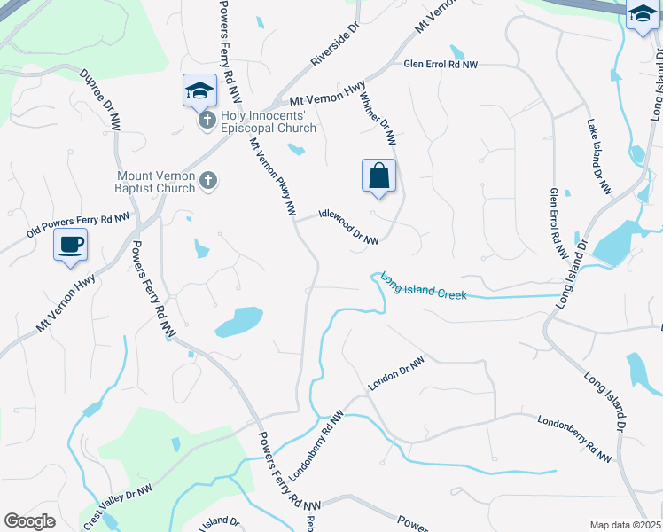 map of restaurants, bars, coffee shops, grocery stores, and more near 5405 Mount Vernon Parkway Northwest in Sandy Springs