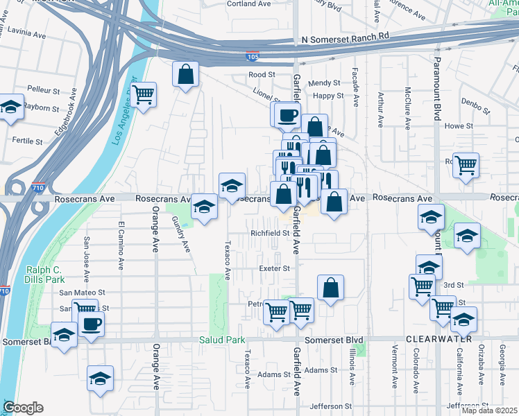 map of restaurants, bars, coffee shops, grocery stores, and more near 7258 Rosecrans Avenue in Paramount