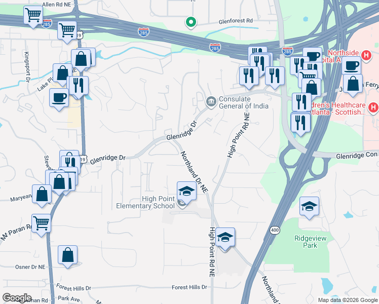map of restaurants, bars, coffee shops, grocery stores, and more near 5415 Northland Drive Northeast in Atlanta