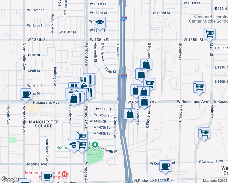 map of restaurants, bars, coffee shops, grocery stores, and more near 713 West 142nd Street in Gardena