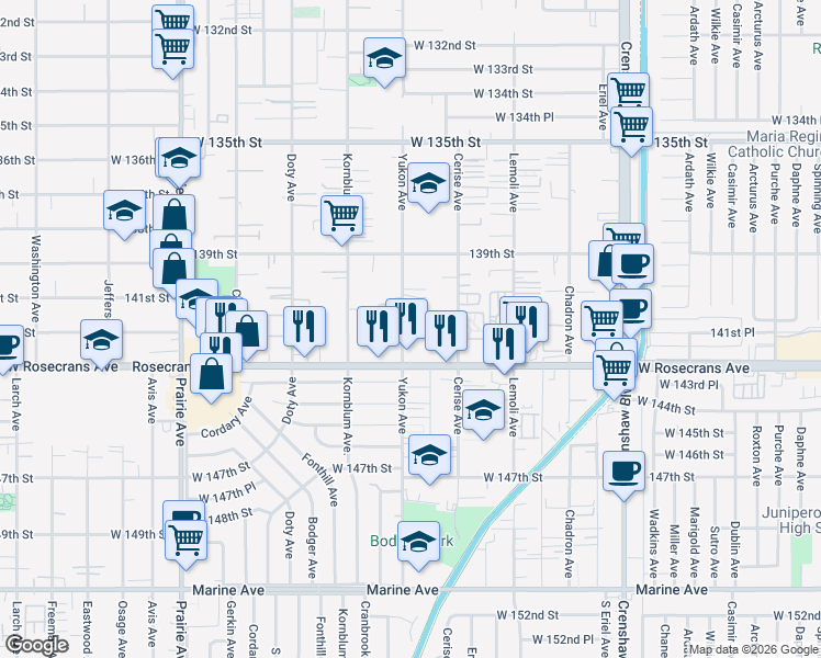 map of restaurants, bars, coffee shops, grocery stores, and more near 14110 Yukon Avenue in Hawthorne