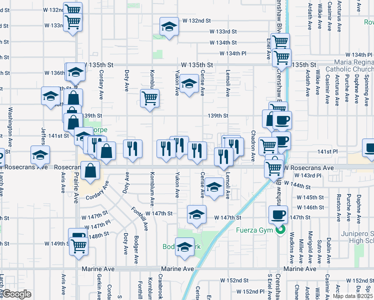 map of restaurants, bars, coffee shops, grocery stores, and more near 14116 Yukon Avenue in Hawthorne