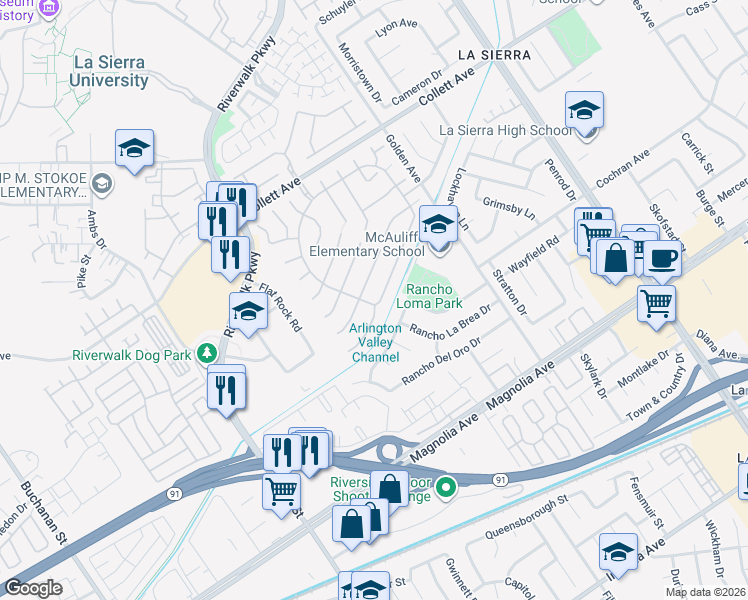 map of restaurants, bars, coffee shops, grocery stores, and more near 11499 Bridgeway Drive in Riverside