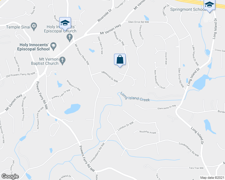 map of restaurants, bars, coffee shops, grocery stores, and more near 100 Idlewood Court in Atlanta
