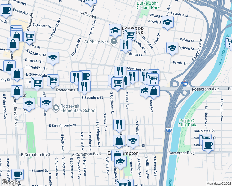 map of restaurants, bars, coffee shops, grocery stores, and more near 14309 Atlantic Avenue in Compton