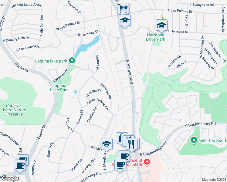 map of restaurants, bars, coffee shops, grocery stores, and more near 510 Domingo Place in Fullerton
