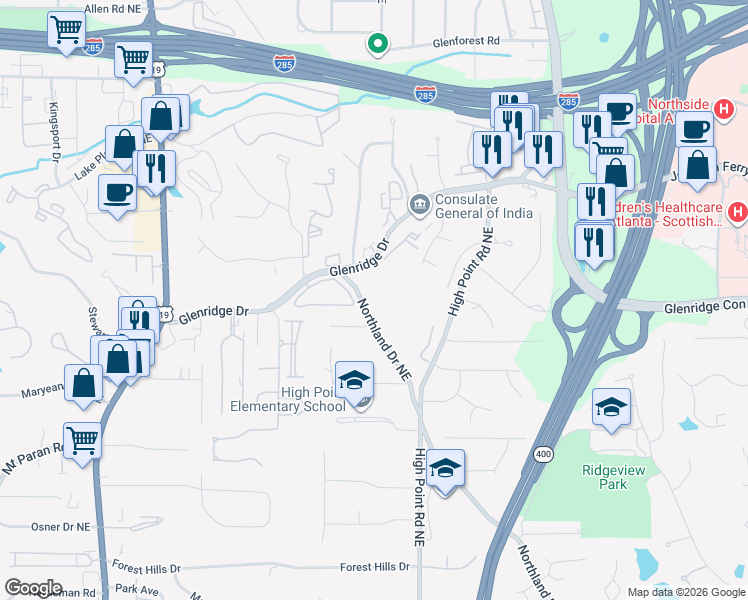 map of restaurants, bars, coffee shops, grocery stores, and more near 5415 Northland Drive Northeast in Atlanta
