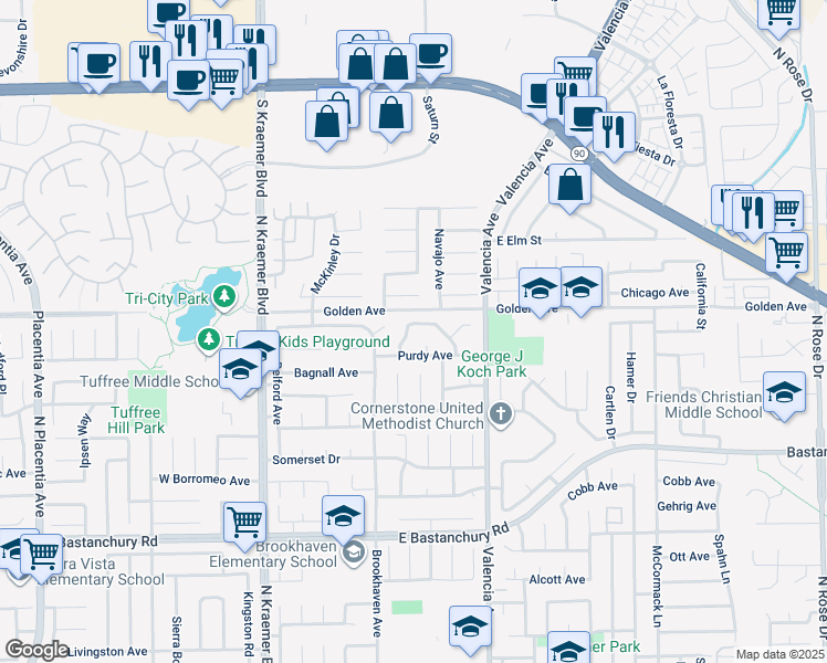 map of restaurants, bars, coffee shops, grocery stores, and more near 430 Kiolstad Drive in Placentia