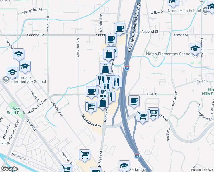 map of restaurants, bars, coffee shops, grocery stores, and more near 1466 Hamner Avenue in Norco