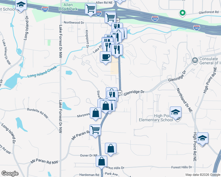 map of restaurants, bars, coffee shops, grocery stores, and more near 5400 Roswell Road in Atlanta