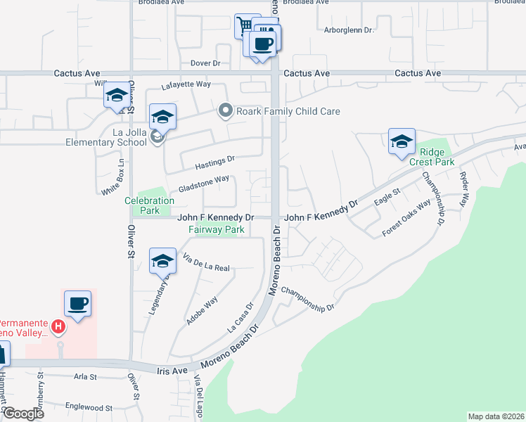 map of restaurants, bars, coffee shops, grocery stores, and more near 27946 John F Kennedy Drive in Moreno Valley