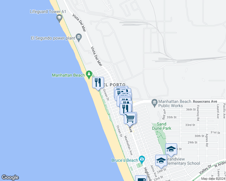 map of restaurants, bars, coffee shops, grocery stores, and more near 221 Kelp St in Manhattan Beach