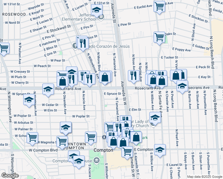 map of restaurants, bars, coffee shops, grocery stores, and more near 124 Rosecrans Avenue in Compton