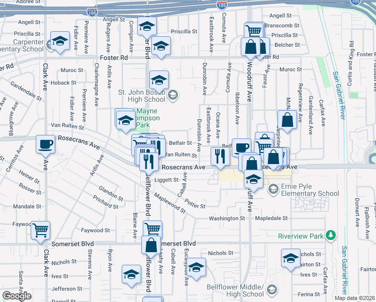 map of restaurants, bars, coffee shops, grocery stores, and more near 9917 Van Ruiten Street in Bellflower