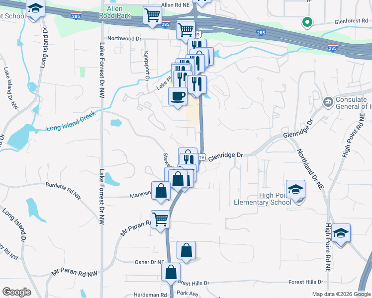 map of restaurants, bars, coffee shops, grocery stores, and more near 5400 Roswell Road in Atlanta