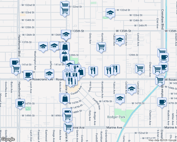 map of restaurants, bars, coffee shops, grocery stores, and more near 14101 Doty Avenue in Hawthorne