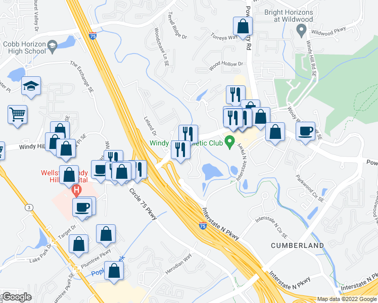 map of restaurants, bars, coffee shops, grocery stores, and more near 2830 Windy Hill Road Southeast in Marietta