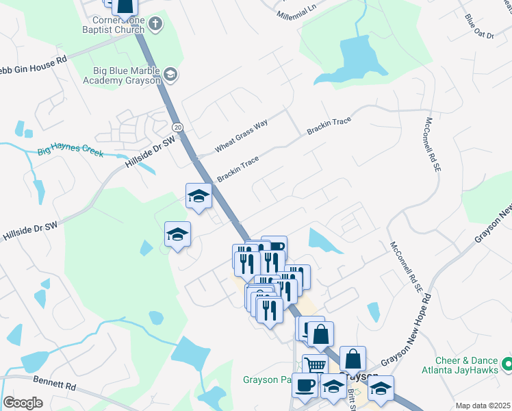 map of restaurants, bars, coffee shops, grocery stores, and more near 497 Sawyer Meadow Way in Grayson