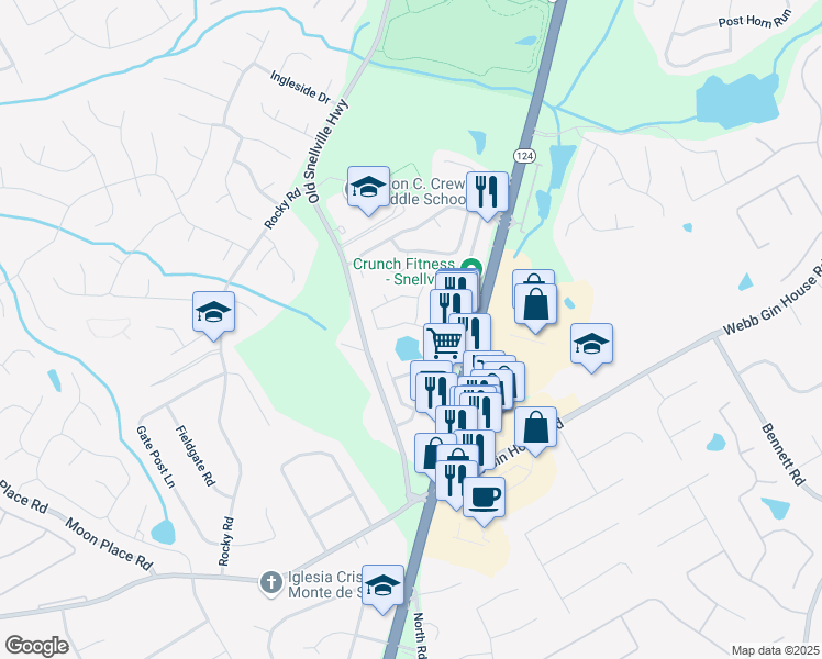 map of restaurants, bars, coffee shops, grocery stores, and more near 1544 Overview Circle Southwest in Lawrenceville