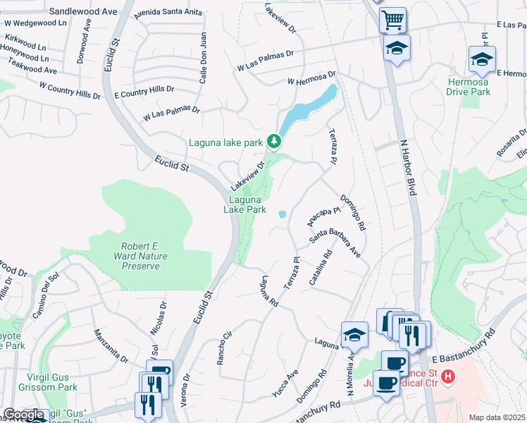 map of restaurants, bars, coffee shops, grocery stores, and more near 815 Madera Place in Fullerton