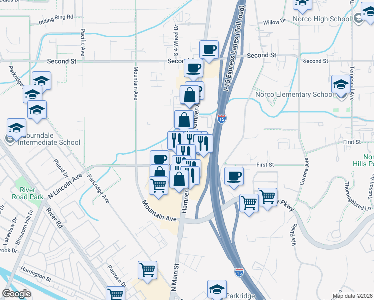 map of restaurants, bars, coffee shops, grocery stores, and more near 1466 Hamner Avenue in Norco