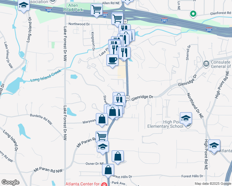 map of restaurants, bars, coffee shops, grocery stores, and more near 5400 Roswell Road in Atlanta
