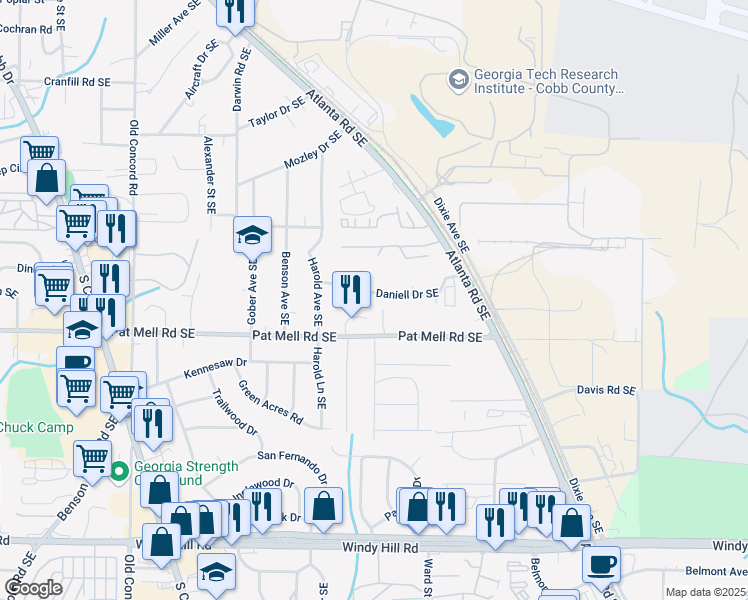 map of restaurants, bars, coffee shops, grocery stores, and more near 812 Daniell Drive Southeast in Smyrna