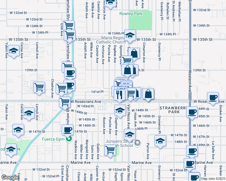 map of restaurants, bars, coffee shops, grocery stores, and more near 2412 W 141st St in Gardena