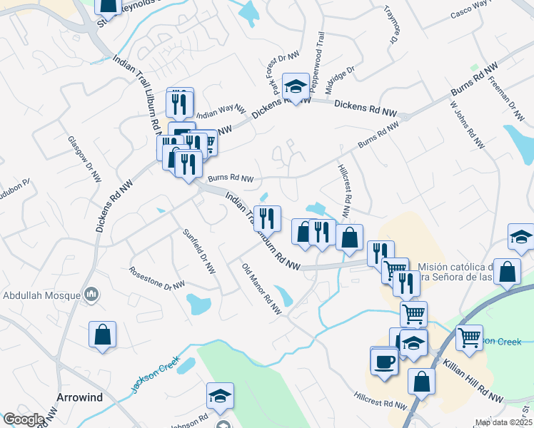 map of restaurants, bars, coffee shops, grocery stores, and more near 800 Indian Trail Lilburn Road Northwest in Lilburn