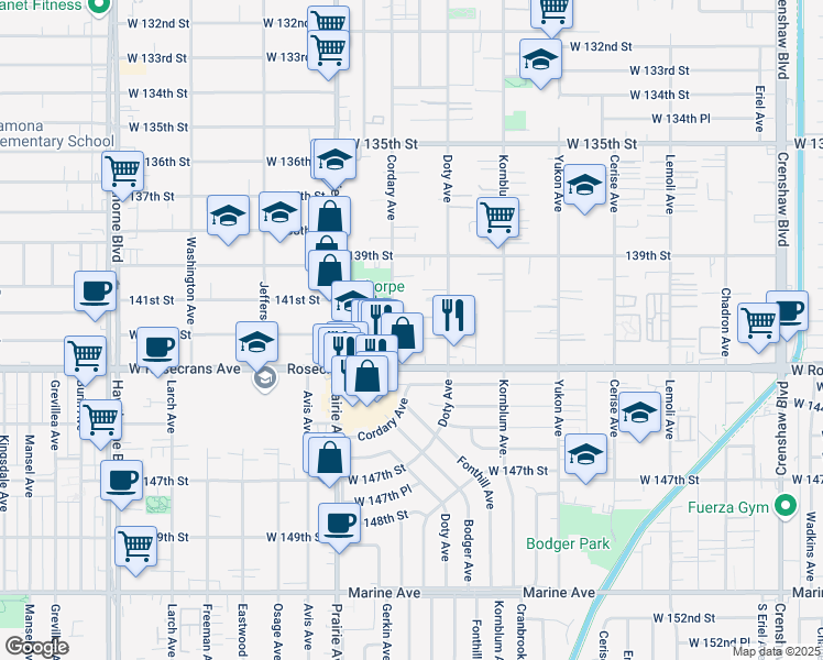map of restaurants, bars, coffee shops, grocery stores, and more near 14110 Cordary Avenue in Hawthorne