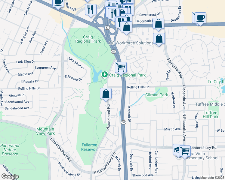 map of restaurants, bars, coffee shops, grocery stores, and more near 2755 Pine Creek Circle in Fullerton