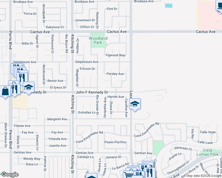 map of restaurants, bars, coffee shops, grocery stores, and more near 25851 Coriander Court in Moreno Valley