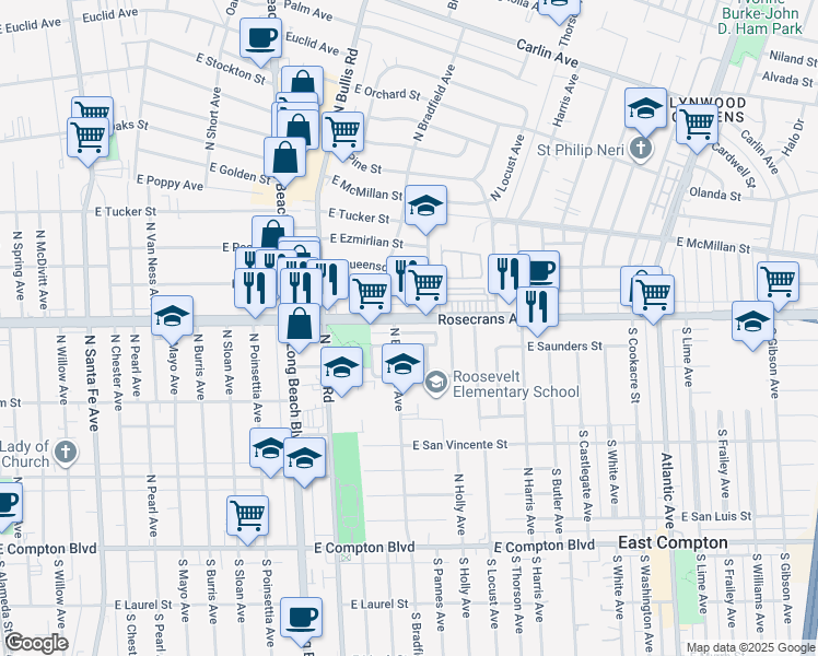 map of restaurants, bars, coffee shops, grocery stores, and more near 1901 East Saunders Street in Compton
