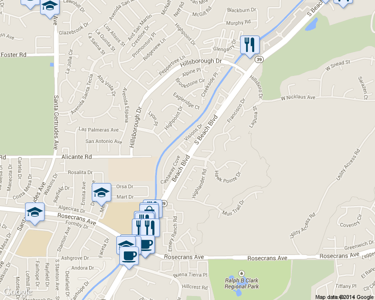 map of restaurants, bars, coffee shops, grocery stores, and more near in La Mirada