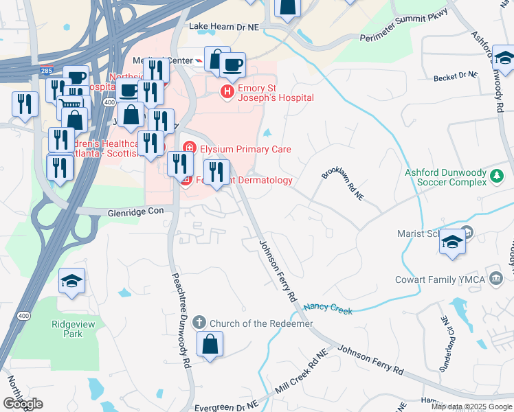 map of restaurants, bars, coffee shops, grocery stores, and more near 1494 South Johnson Ferry Road Northeast in Atlanta