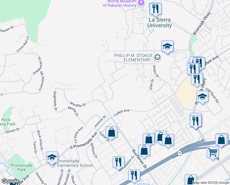 map of restaurants, bars, coffee shops, grocery stores, and more near 4341 Falconer Drive in Riverside