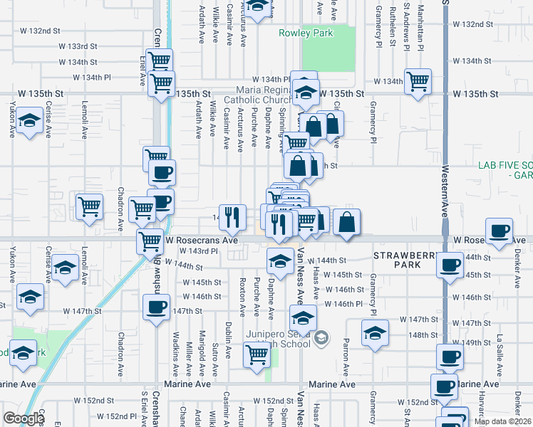 map of restaurants, bars, coffee shops, grocery stores, and more near 2408 West 141st Street in Gardena