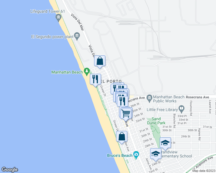 map of restaurants, bars, coffee shops, grocery stores, and more near 244 Kelp Street in Manhattan Beach