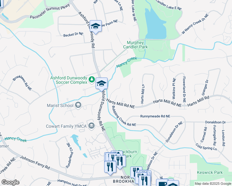 map of restaurants, bars, coffee shops, grocery stores, and more near 3768 Wasson Way in Atlanta