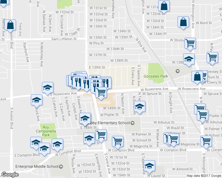 map of restaurants, bars, coffee shops, grocery stores, and more near 14204 South Parmalee Avenue in Compton