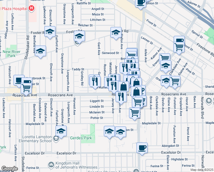 map of restaurants, bars, coffee shops, grocery stores, and more near 14032 Roseton Avenue in Norwalk