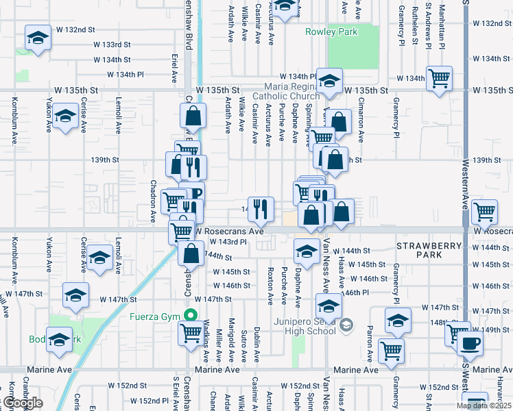 map of restaurants, bars, coffee shops, grocery stores, and more near 2621 141st Place in Gardena