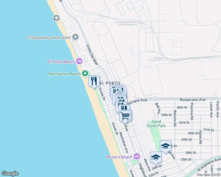 map of restaurants, bars, coffee shops, grocery stores, and more near 4017 Highland Avenue in Manhattan Beach