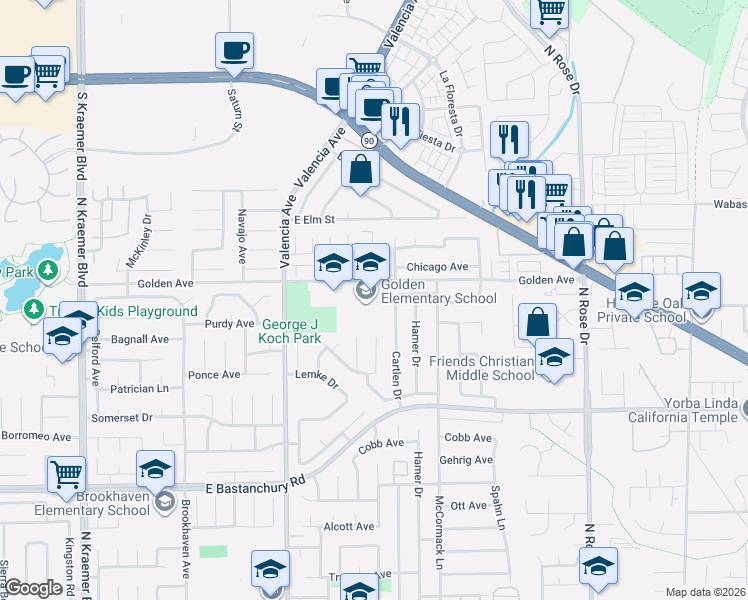 map of restaurants, bars, coffee shops, grocery stores, and more near 2231 Cartlen Drive in Placentia
