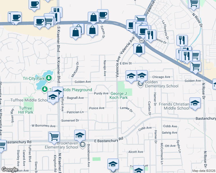 map of restaurants, bars, coffee shops, grocery stores, and more near 483 Kiolstad Drive in Placentia